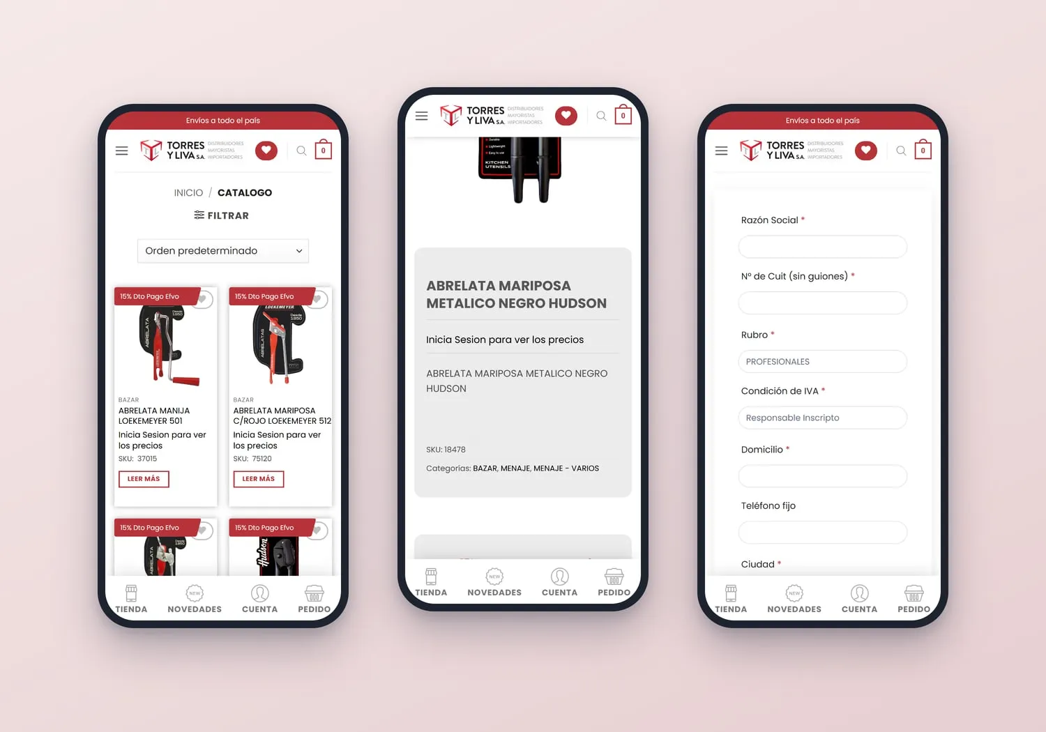 Recorrido de un comercio en la web de Torres y Liva: catálogo sin precios visibles, ficha de producto con Inicia sesión para ver los precios y formulario de alta mayorista con razón social, CUIT, rubro y condición de IVA