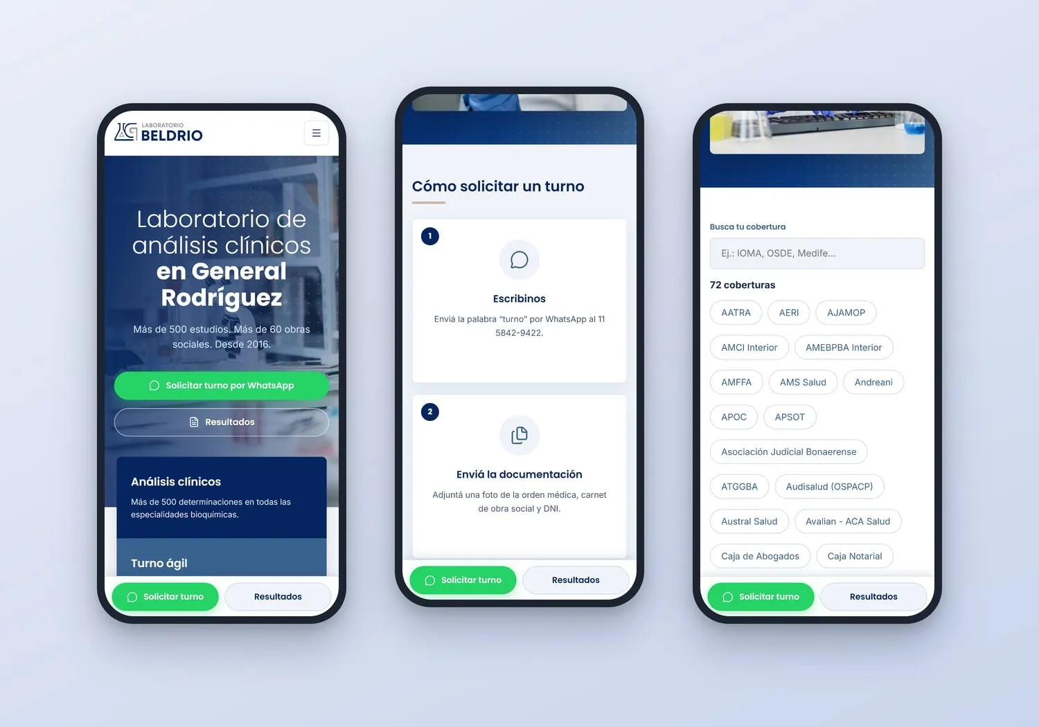 Recorrido de un paciente en la web de Laboratorio Beldrio: inicio con turno por WhatsApp y resultados, pasos para solicitar un turno y buscador de coberturas