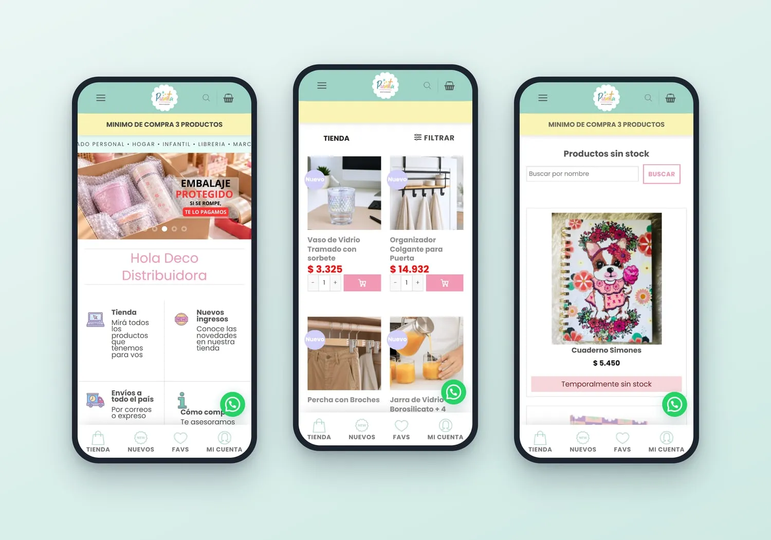 Recorrido de compra en la web de Hola Deco Distribuidora: inicio con mínimo de compra, tienda con productos nuevos y landing de productos sin stock